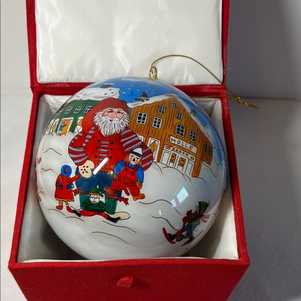 Le Bien Holiday Ornament Christmas, hand-painted, "Santa & children playing"